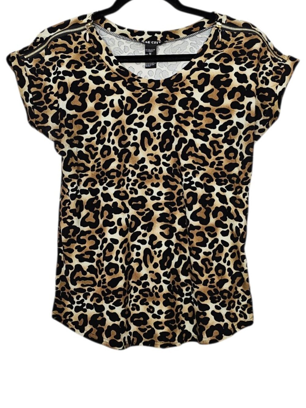 Bae City Leopard Animal Print Top Zipper Accents Scoop Neck Women's M Black Tan